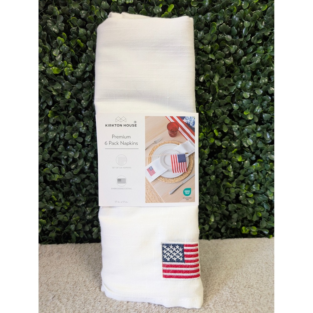 ALDI Kirkton House 6 Pack Napkins White American Flag Embroidered 17x17 NEW